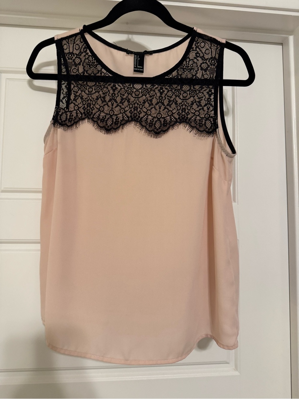 Blush Pink Sleeveless Top with Black Lace Yoke